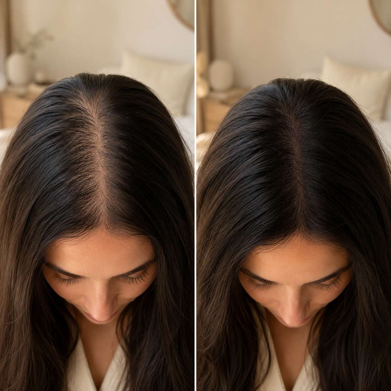 Avant / Après — cheveux plus denses avec la Biotine SELVERINE