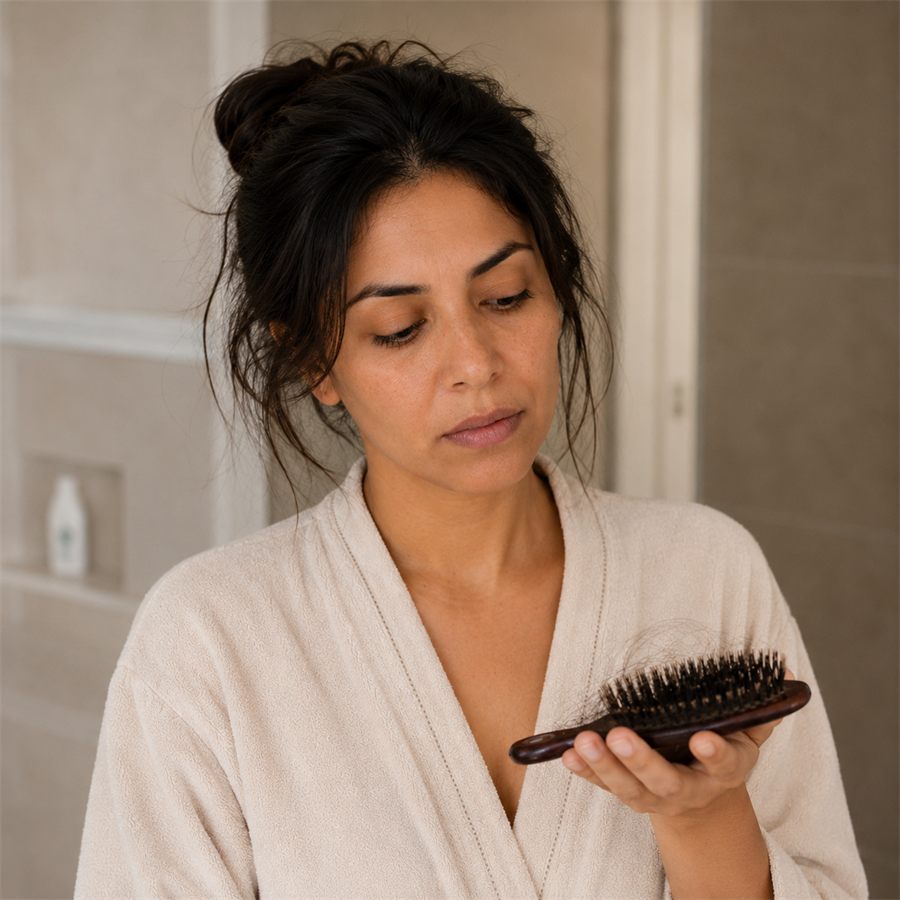Femme tenant sa brosse à cheveux avec des cheveux perdus